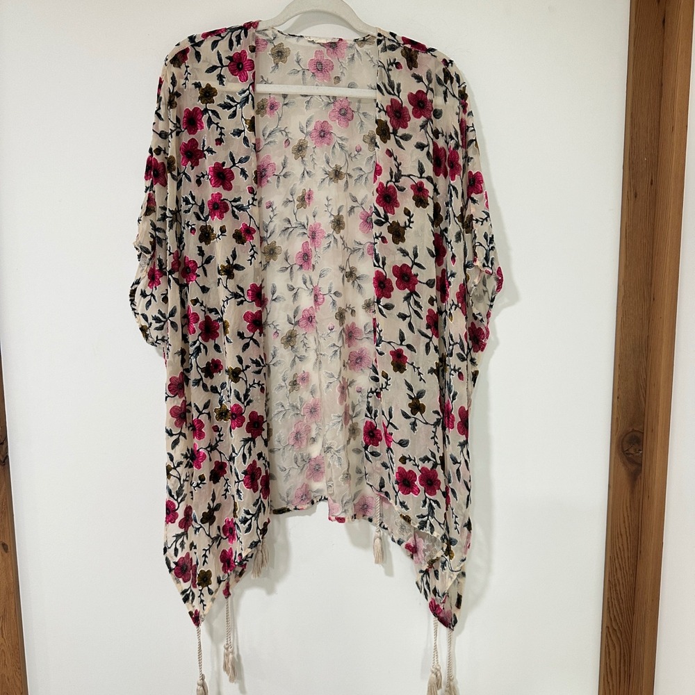 Japna Floral Velvet Burnout Kimono Womens Small Pink Sheer Tassel Wrap Cardigan